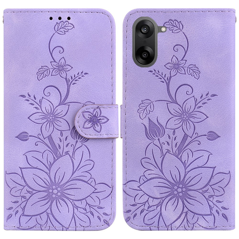 OnePlus Nord CE5 5G / Ace 5 Racing 5G Stativskal Lily Flower Imprint Lädermobilskal med Handledsrem
