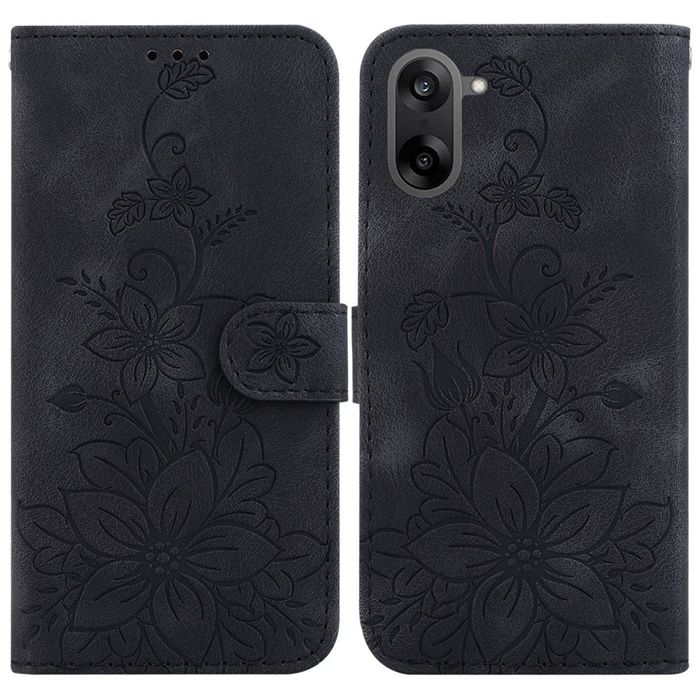 OnePlus Nord CE5 5G / Ace 5 Racing 5G Stativskal Lily Flower Imprint Lädermobilskal med Handledsrem