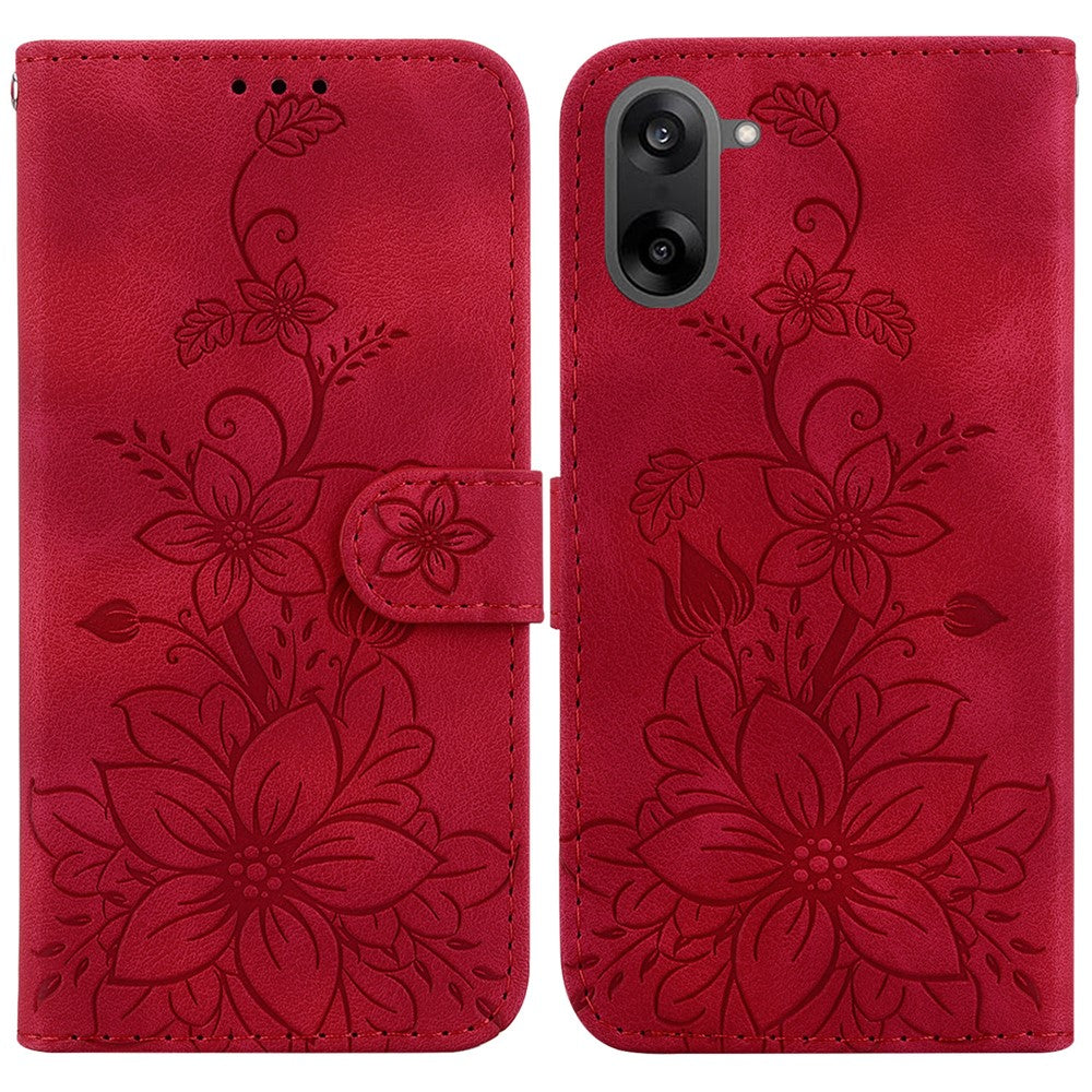 OnePlus Nord CE5 5G / Ace 5 Racing 5G Stativskal Lily Flower Imprint Lädermobilskal med Handledsrem