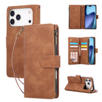 For iPhone 18 Pro Max / 17 Pro Max Case Zipper Wallet Multiple Card Slots Leather Phone Cover with Wrist Strap