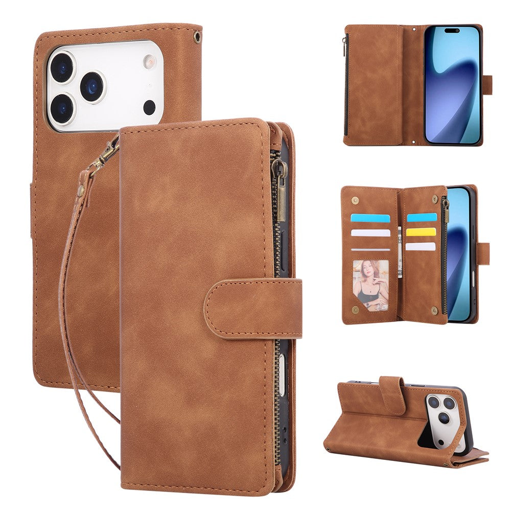 For iPhone 18 Pro Max / 17 Pro Max Case Zipper Wallet Multiple Card Slots Leather Phone Cover with Wrist Strap