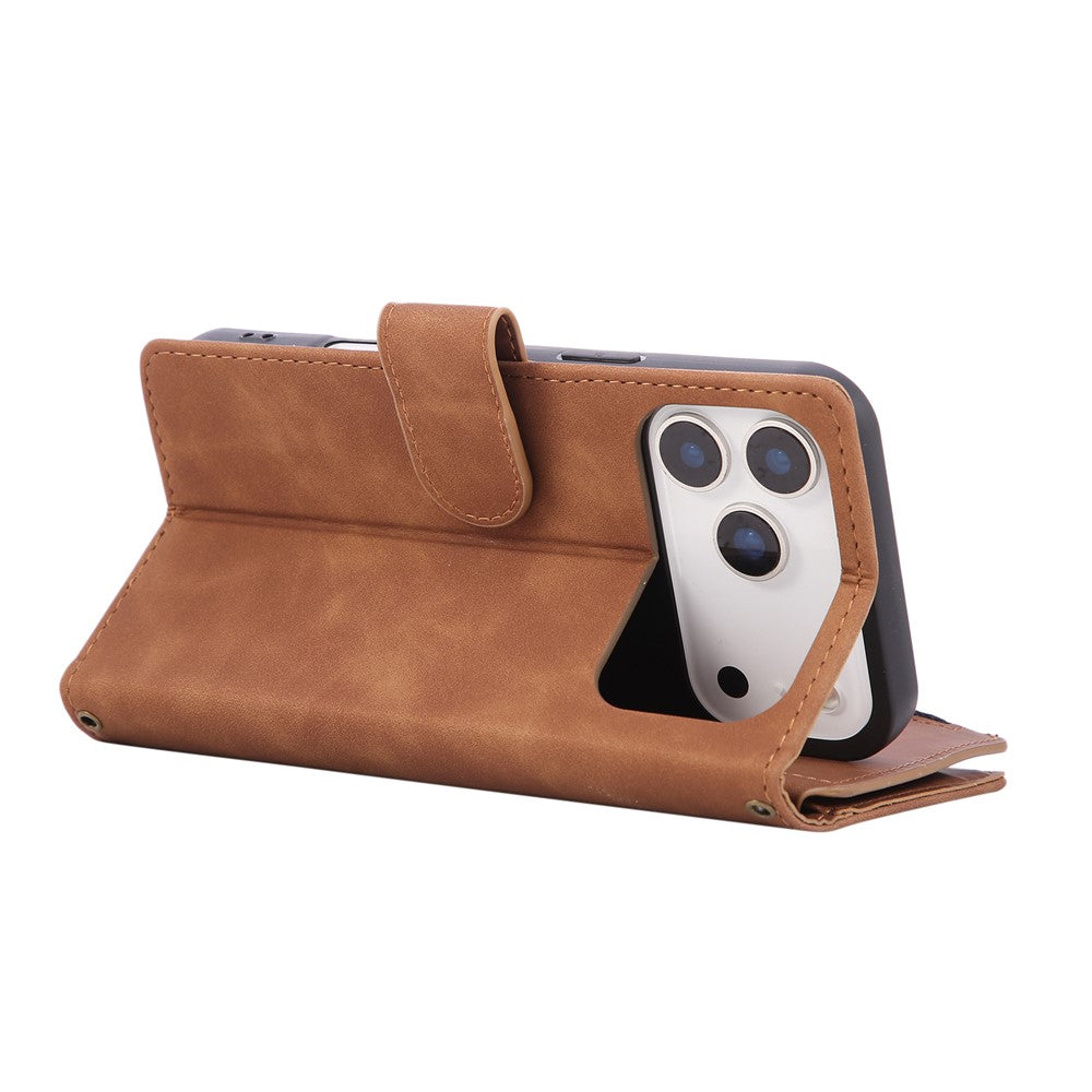 For iPhone 18 Pro Max / 17 Pro Max Case Zipper Wallet Multiple Card Slots Leather Phone Cover with Wrist Strap