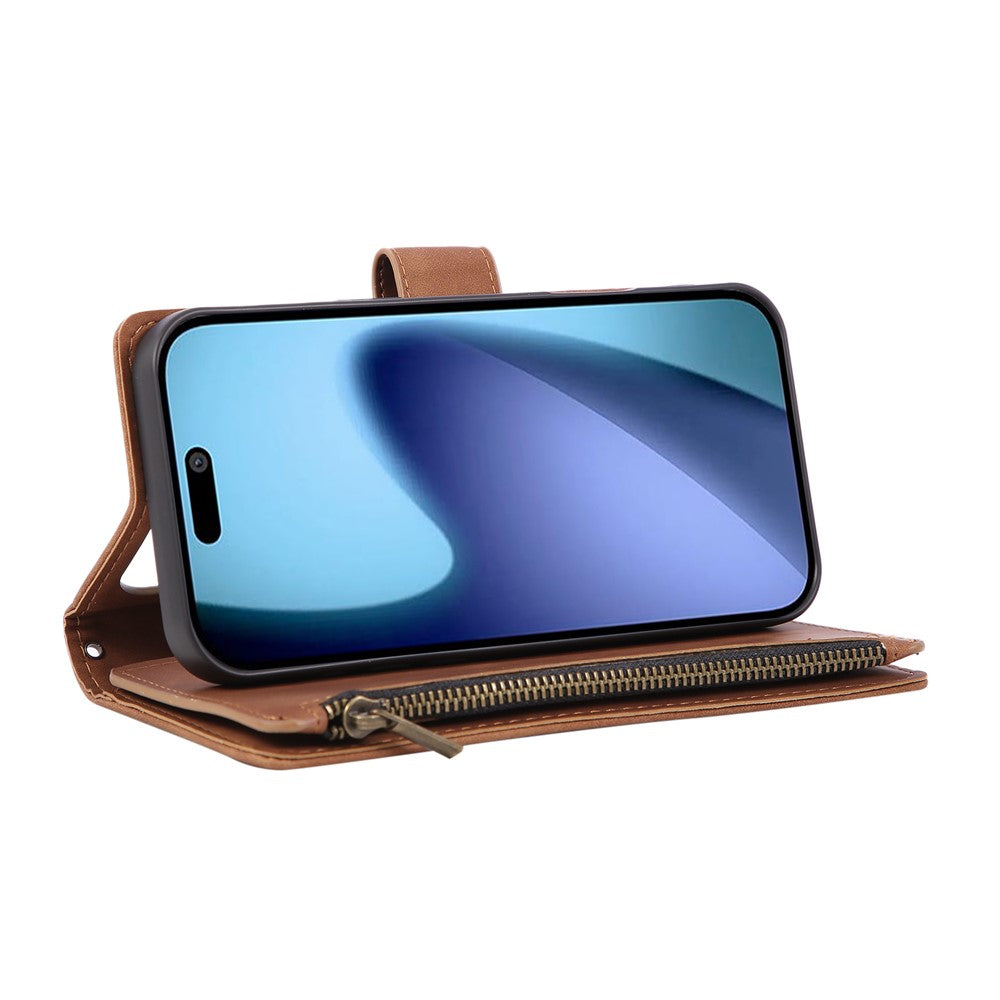 For iPhone 18 Pro Max / 17 Pro Max Case Zipper Wallet Multiple Card Slots Leather Phone Cover with Wrist Strap