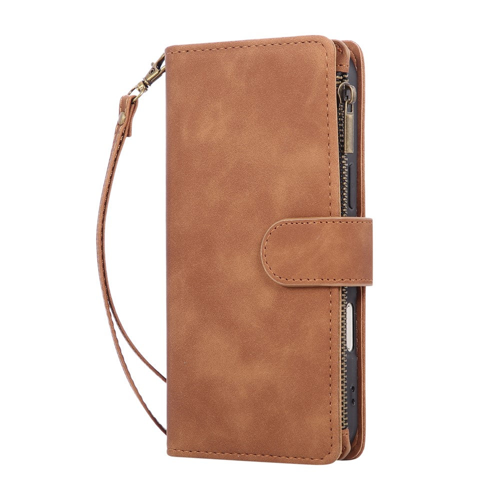 For iPhone 18 Pro Max / 17 Pro Max Case Zipper Wallet Multiple Card Slots Leather Phone Cover with Wrist Strap