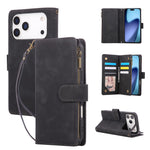 For iPhone 18 Pro Max / 17 Pro Max Case Zipper Wallet Multiple Card Slots Leather Phone Cover with Wrist Strap