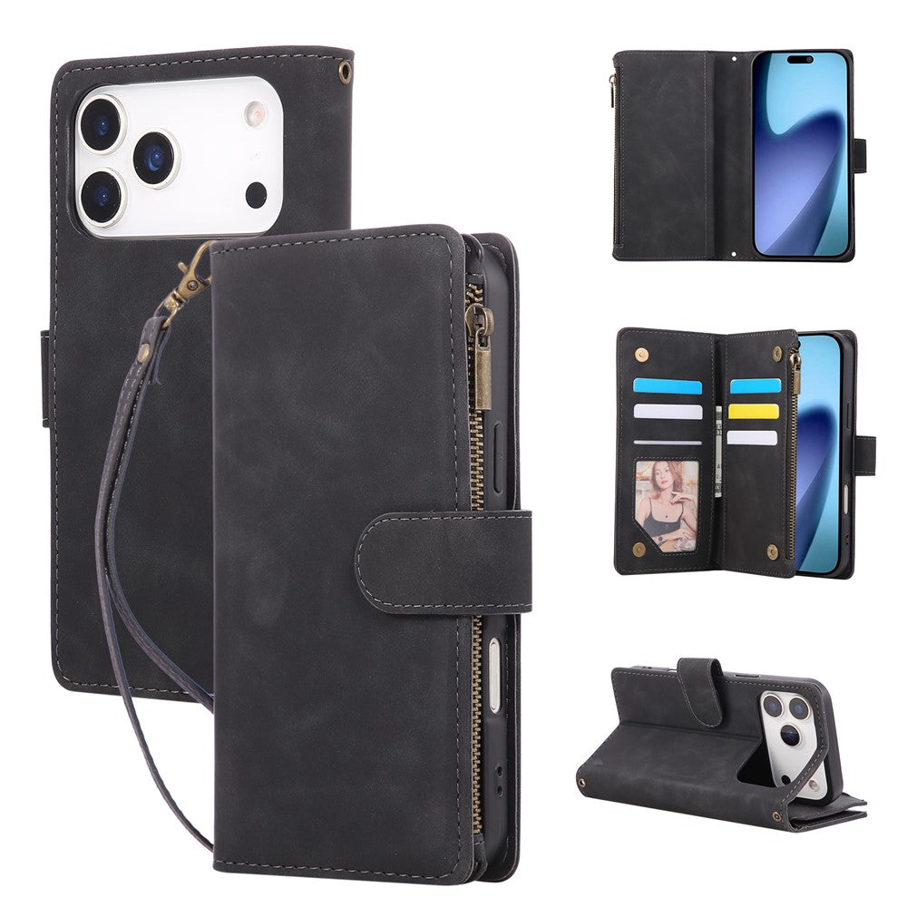 For iPhone 18 Pro Max / 17 Pro Max Case Zipper Wallet Multiple Card Slots Leather Phone Cover with Wrist Strap