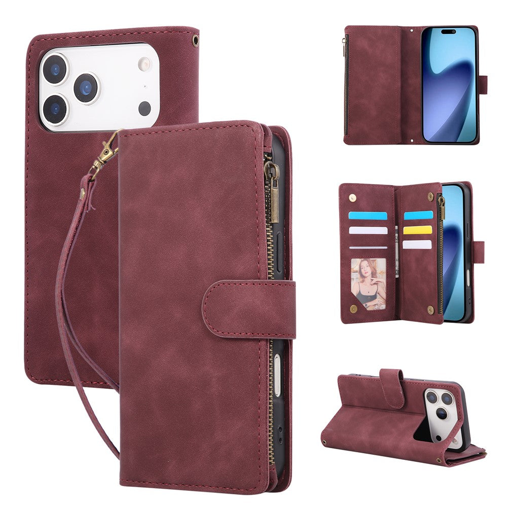 For iPhone 18 Pro Max / 17 Pro Max Case Zipper Wallet Multiple Card Slots Leather Phone Cover with Wrist Strap