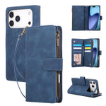 For iPhone 18 Pro Max / 17 Pro Max Case Zipper Wallet Multiple Card Slots Leather Phone Cover with Wrist Strap
