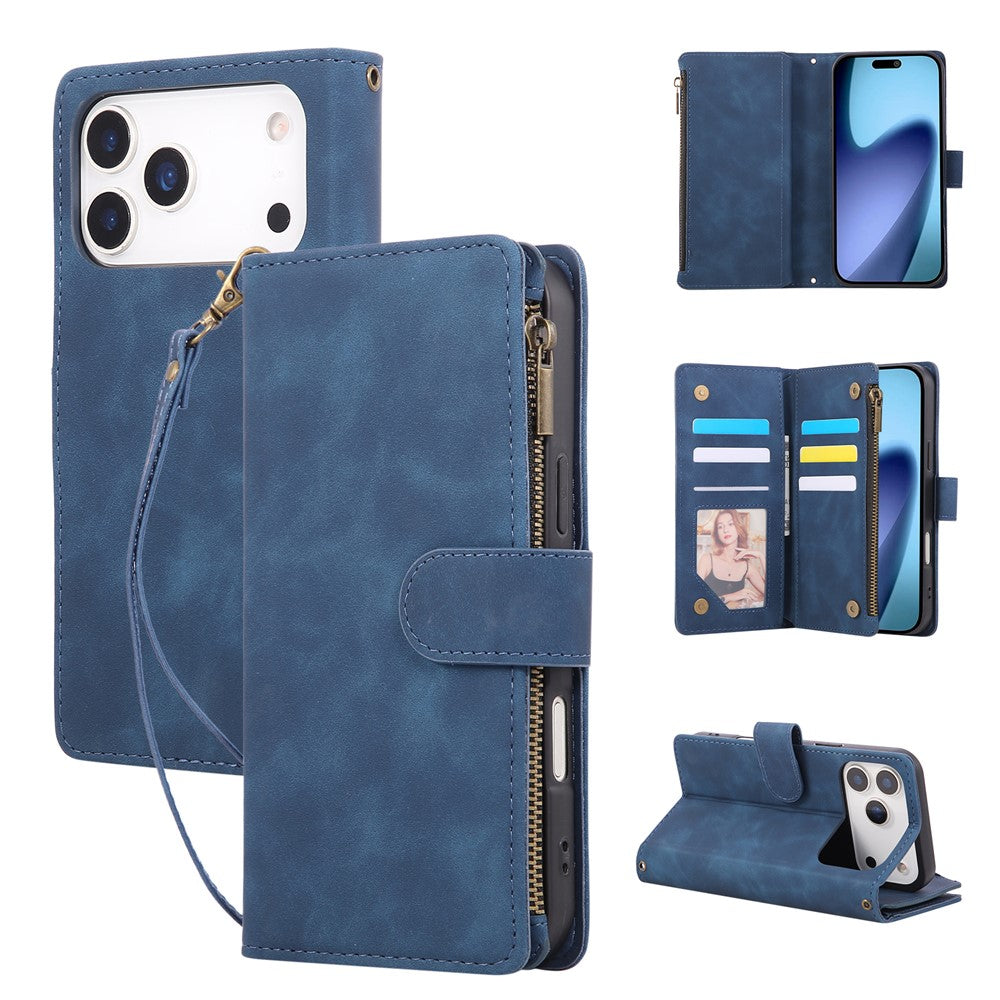 For iPhone 18 Pro Max / 17 Pro Max Case Zipper Wallet Multiple Card Slots Leather Phone Cover with Wrist Strap
