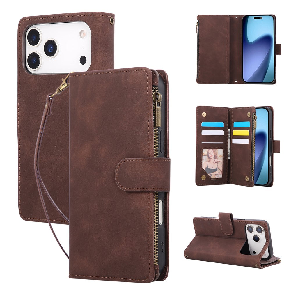 For iPhone 18 Pro Max / 17 Pro Max Case Zipper Wallet Multiple Card Slots Leather Phone Cover with Wrist Strap