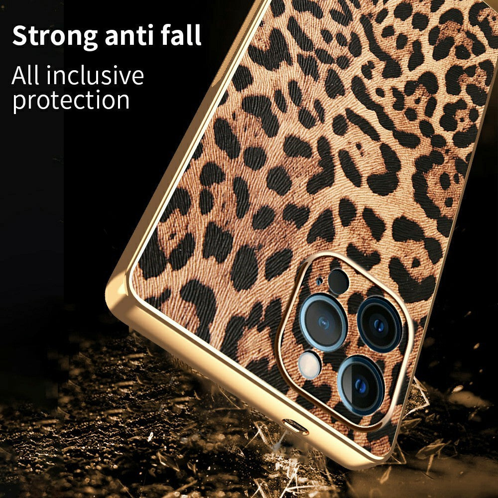 For iPhone 12 Pro Case Leopard Print PU Leather Coated PC + TPU Electroplating Phone Cover