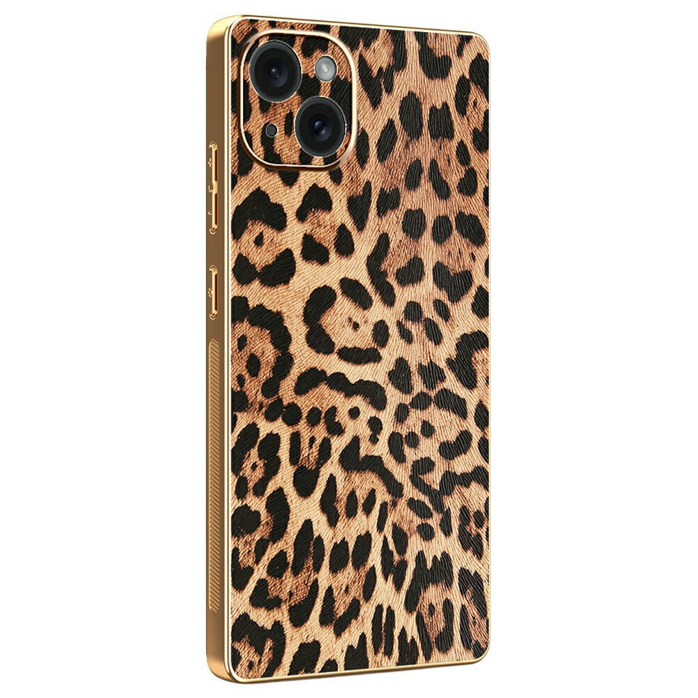 Til iPhone 15 Plus Cover Leopard Print PU Læderbelagt PC + TPU Galvanisering Telefoncover