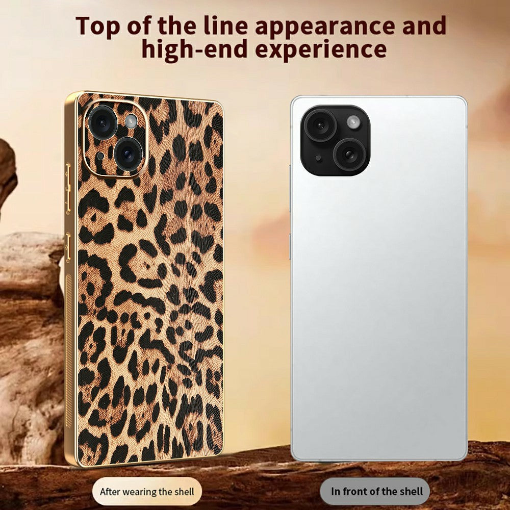 iPhone 15 Plus-skal Leopardmönster PU-läderbelagd PC + TPU Galvaniserad mobilskal