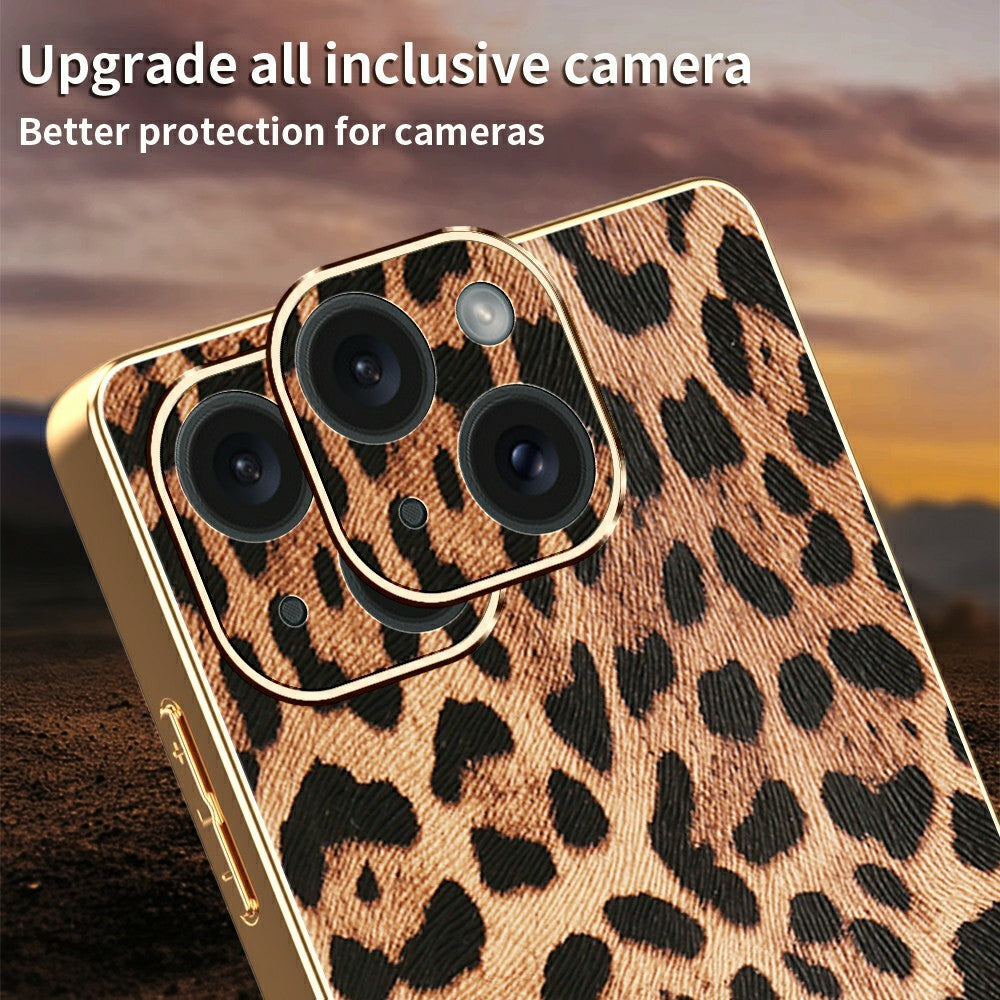 iPhone 15 Plus-skal Leopardmönster PU-läderbelagd PC + TPU Galvaniserad mobilskal