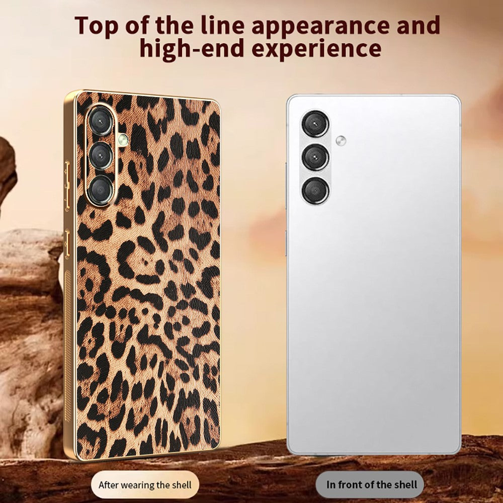 For Samsung Galaxy A25 5G (Global) (161.0mm) Case Leopard Print PU Leather Coated PC + TPU Electroplating Phone Cover