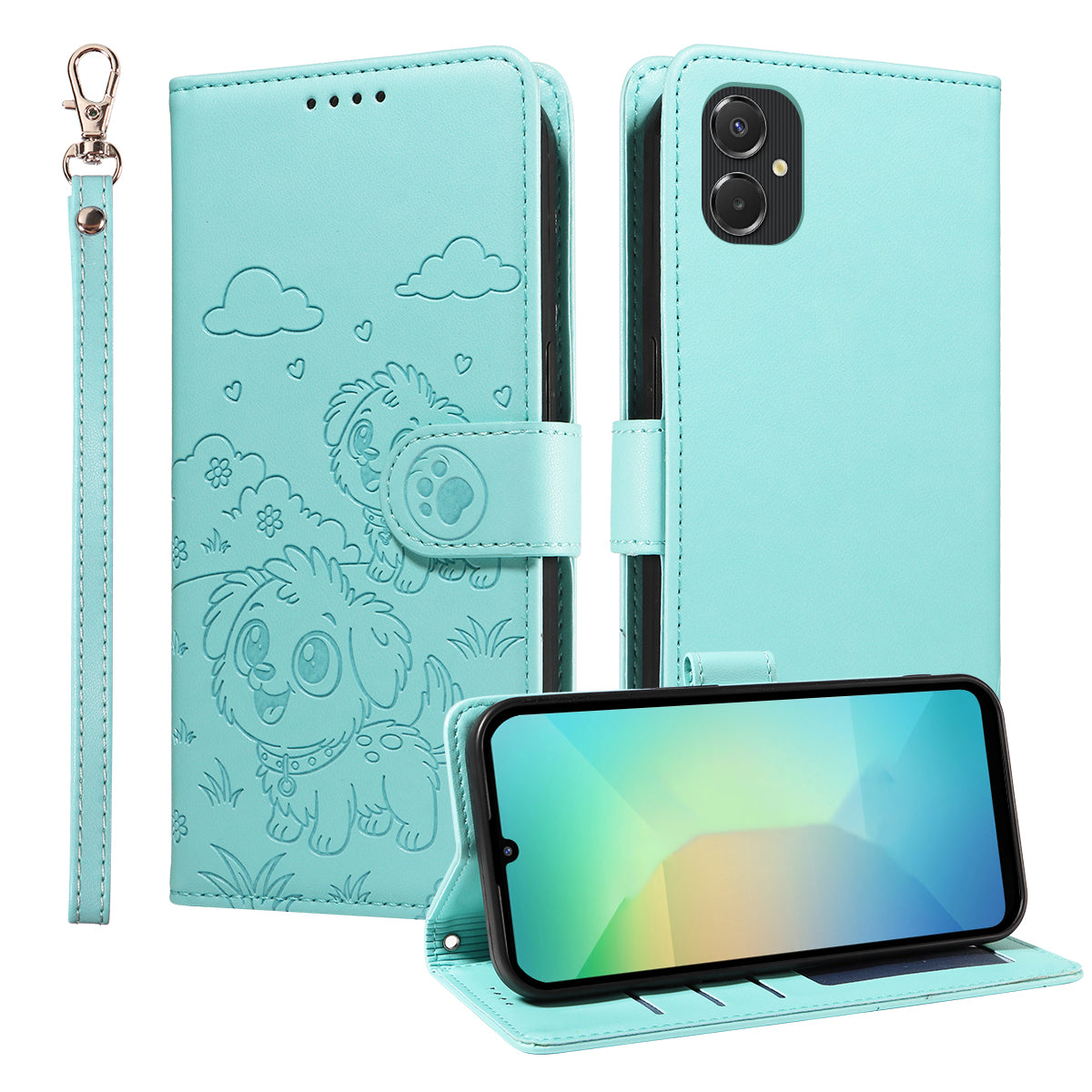 Cover til Samsung Galaxy A08 5G / A08 4G / A07 4G / A07s 4G / M06 5G / F06 5G / A06 4G / A06 5G, RFID-blokerende PU-lædercover med hundemønster og håndledsrem