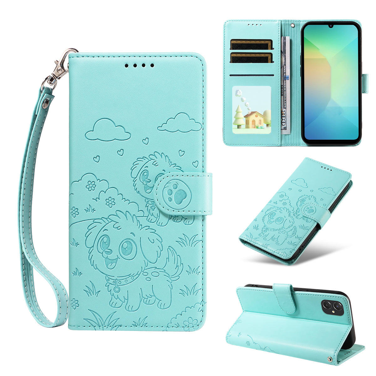 Cover til Samsung Galaxy A08 5G / A08 4G / A07 4G / A07s 4G / M06 5G / F06 5G / A06 4G / A06 5G, RFID-blokerende PU-lædercover med hundemønster og håndledsrem