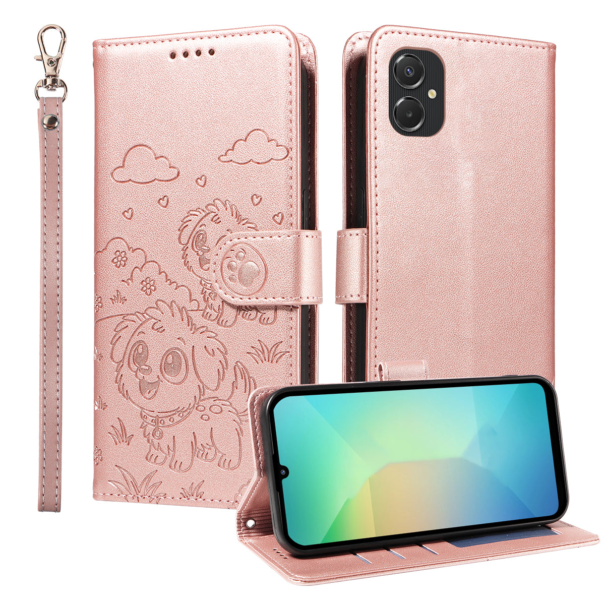 Cover til Samsung Galaxy A08 5G / A08 4G / A07 4G / A07s 4G / M06 5G / F06 5G / A06 4G / A06 5G, RFID-blokerende PU-lædercover med hundemønster og håndledsrem