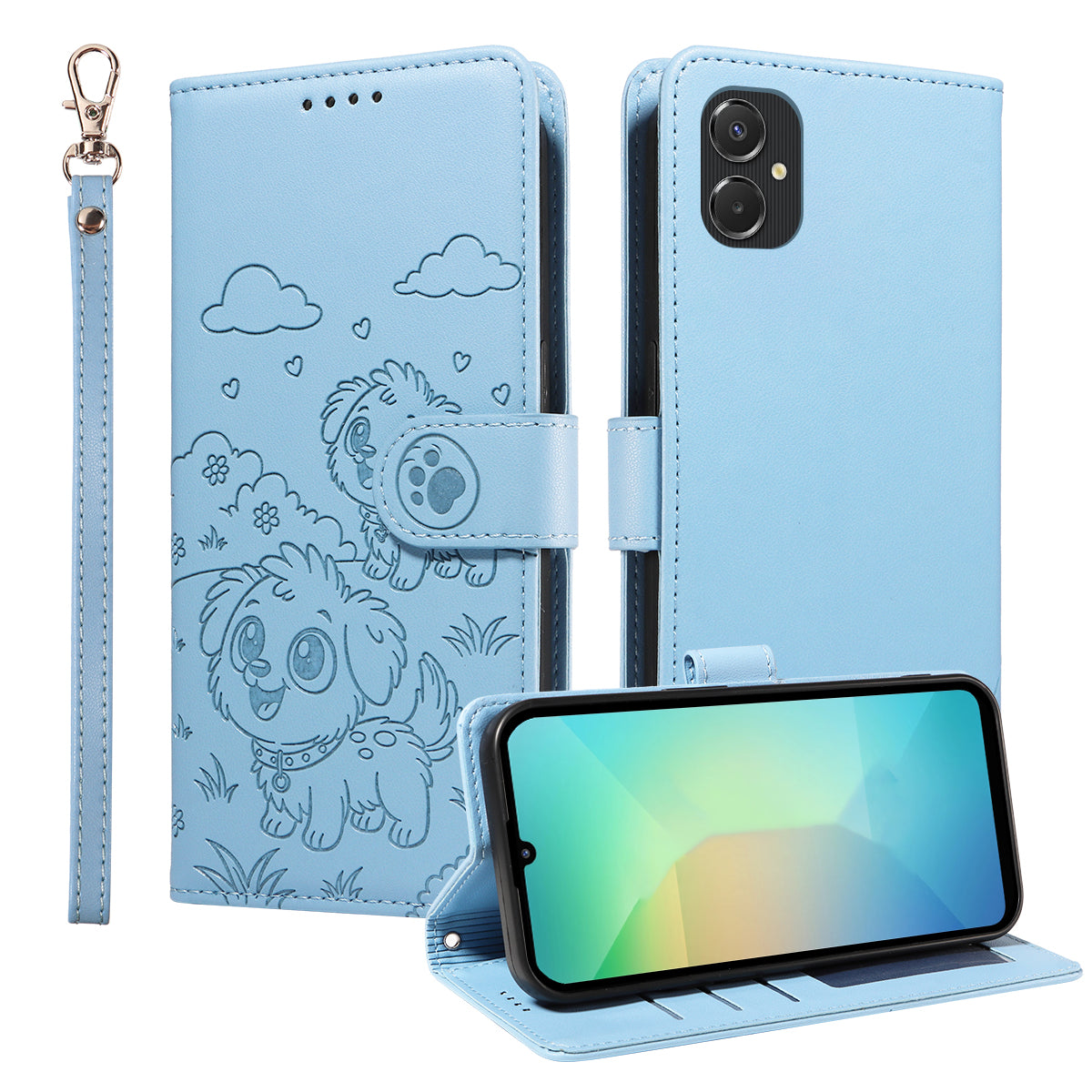 Cover til Samsung Galaxy A08 5G / A08 4G / A07 4G / A07s 4G / M06 5G / F06 5G / A06 4G / A06 5G, RFID-blokerende PU-lædercover med hundemønster og håndledsrem