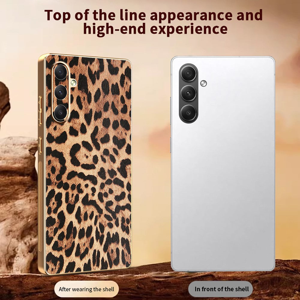 For Samsung Galaxy A34 5G Case Leopard Print PU Leather Coated PC + TPU Electroplating Phone Cover