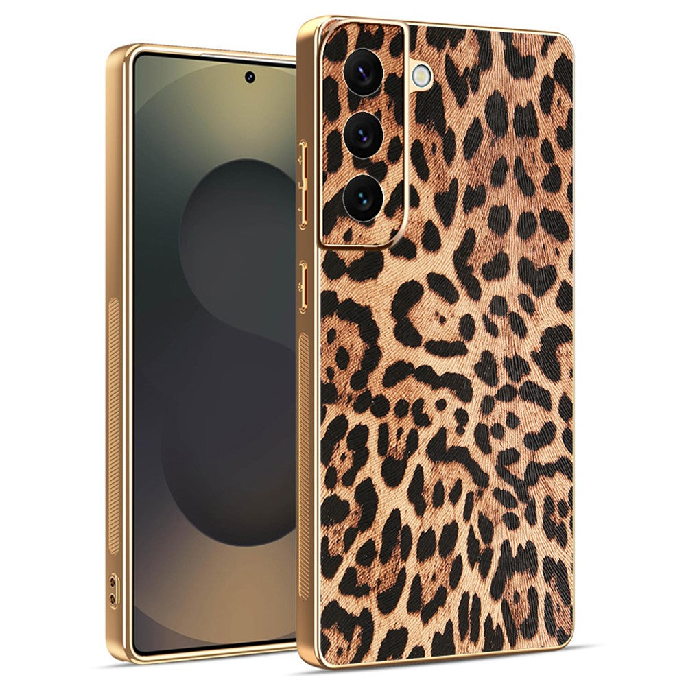 Til Samsung Galaxy S22 5G Cover Leopardprint PU-læderbelagt PC + TPU Galvanisering Telefoncover