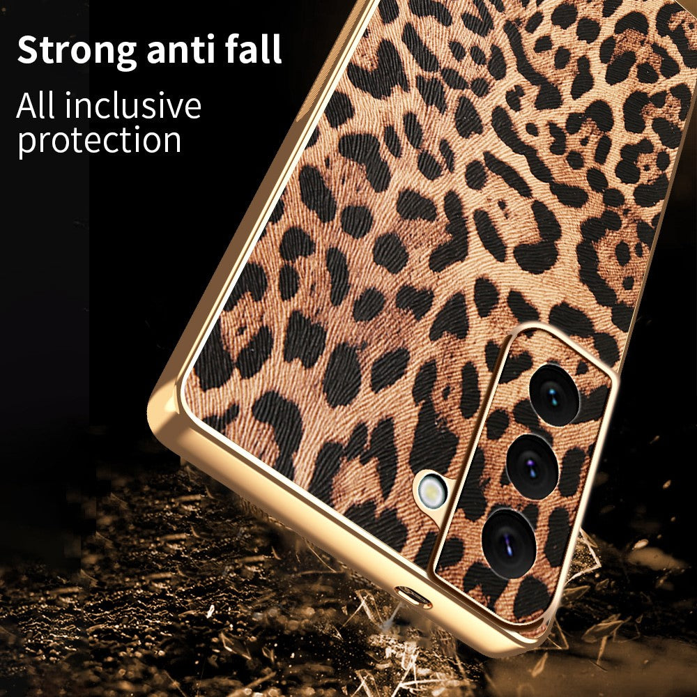 Til Samsung Galaxy S22 5G Cover Leopardprint PU-læderbelagt PC + TPU Galvanisering Telefoncover