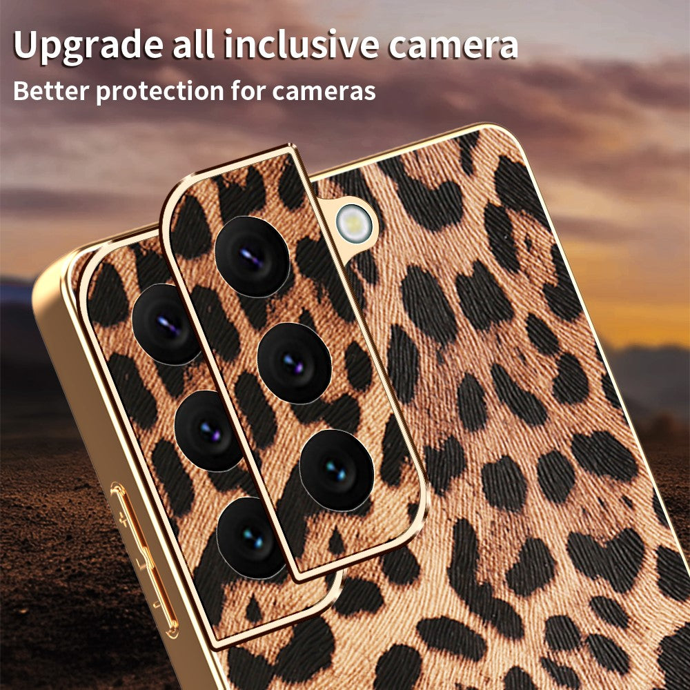 Til Samsung Galaxy S22 5G Cover Leopardprint PU-læderbelagt PC + TPU Galvanisering Telefoncover