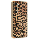 For Samsung Galaxy S23 Case Leopard Print PU Leather Coated PC + TPU Electroplating Phone Cover
