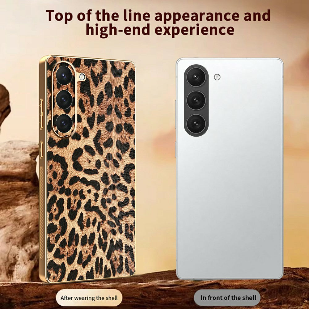 For Samsung Galaxy S23 Case Leopard Print PU Leather Coated PC + TPU Electroplating Phone Cover