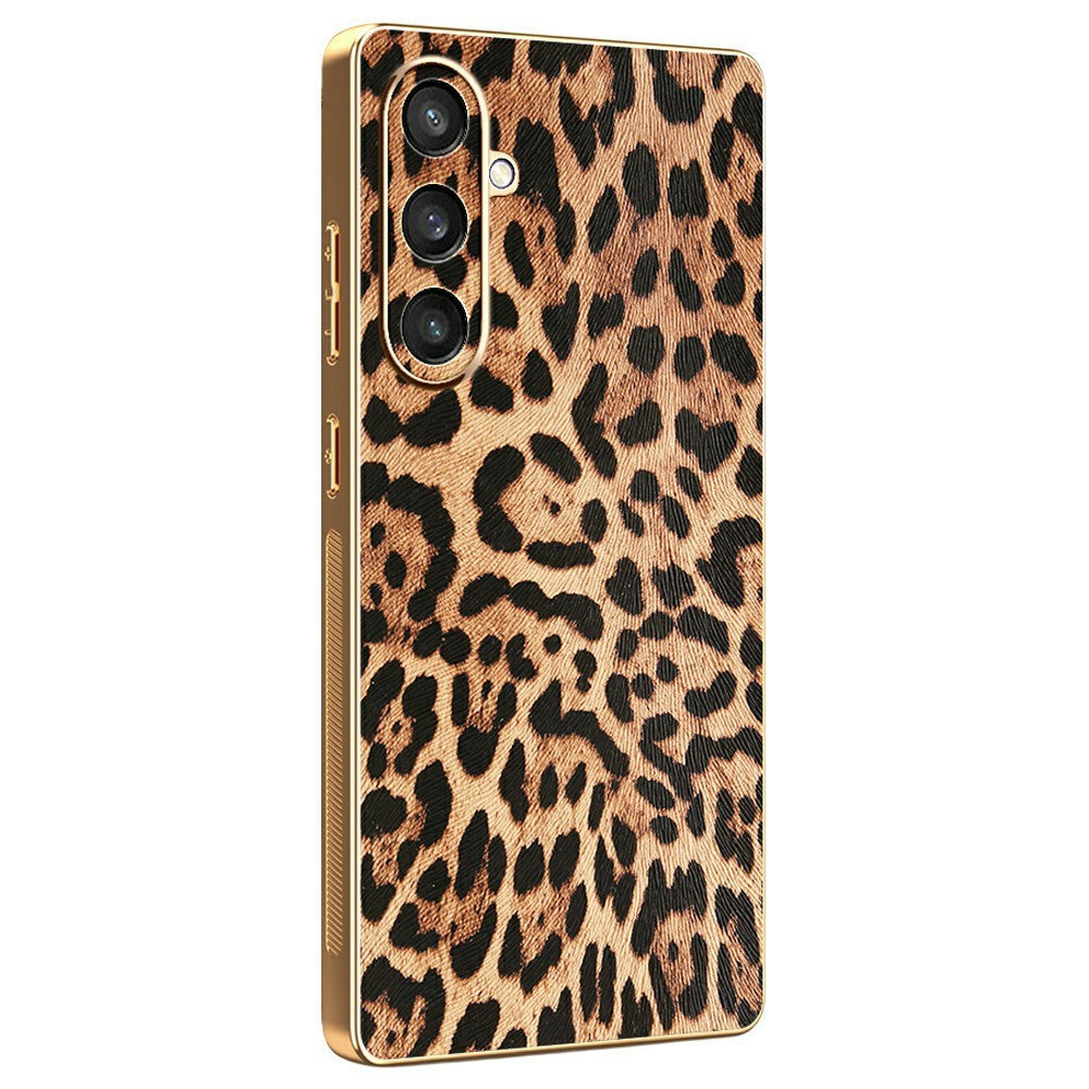 For Samsung Galaxy S23 FE Case Leopard Print PU Leather Coated PC + TPU Electroplating Phone Cover