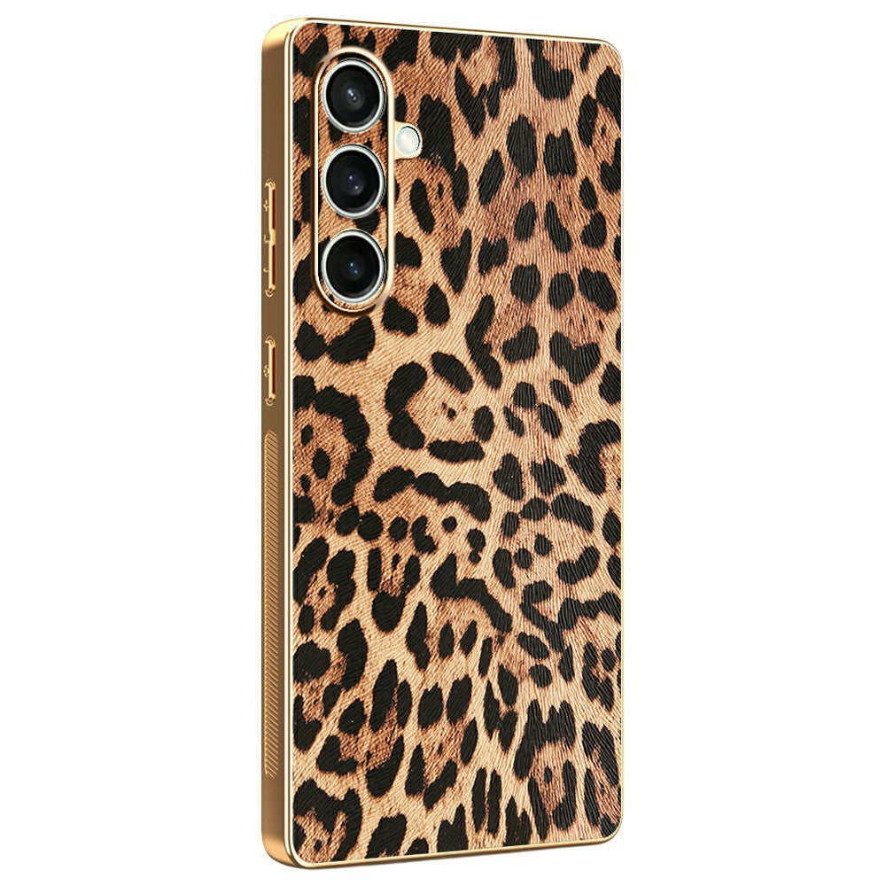 Samsung Galaxy S24 FE-skal Leopardmönster PU-läderbelagd PC + TPU Galvaniserad mobilskal