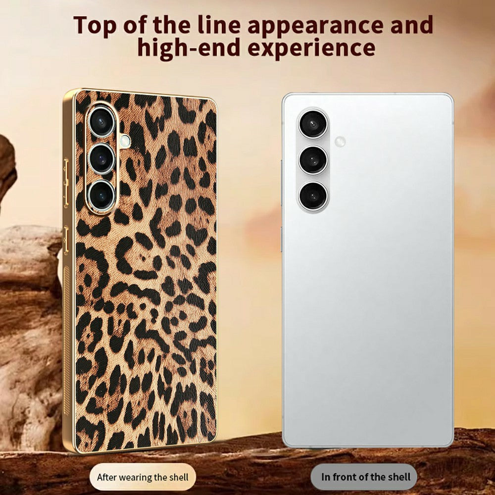 Samsung Galaxy S24 FE-skal Leopardmönster PU-läderbelagd PC + TPU Galvaniserad mobilskal