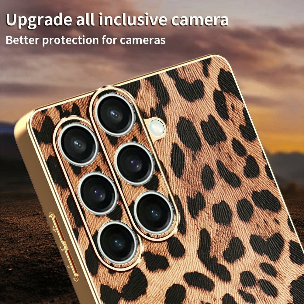Samsung Galaxy S24 FE-skal Leopardmönster PU-läderbelagd PC + TPU Galvaniserad mobilskal
