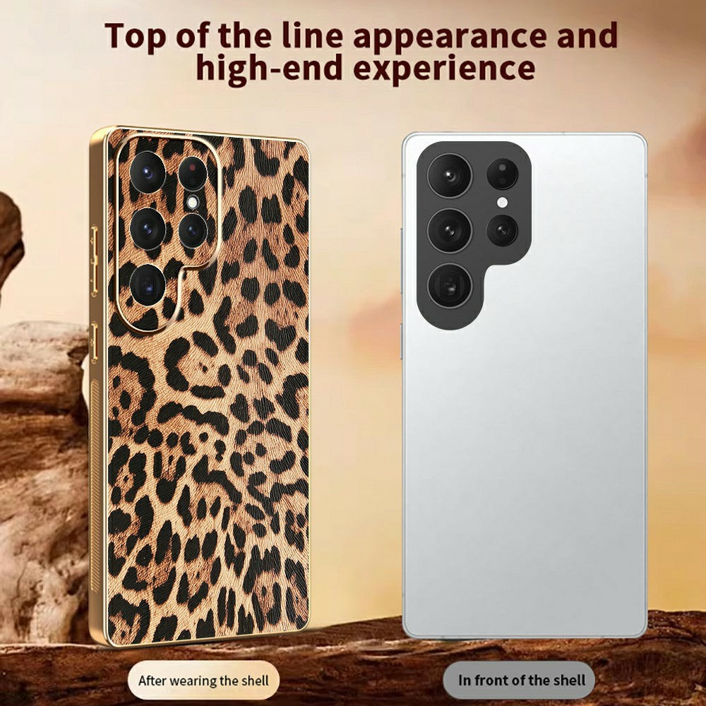 For Samsung Galaxy S24 Ultra Case Leopard Print PU Leather Coated PC + TPU Electroplating Phone Cover