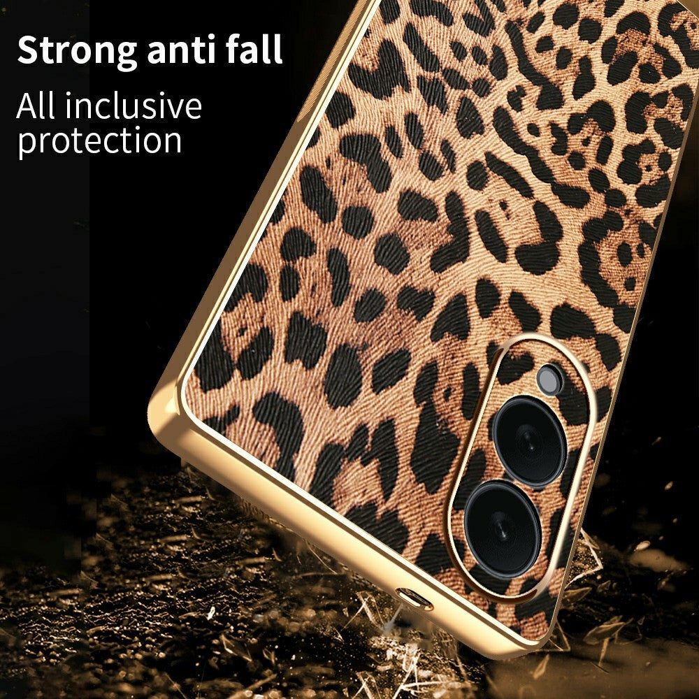 Til Samsung Galaxy S25 Edge cover Leopardprint PU læderbelagt PC + TPU galvanisering telefoncover