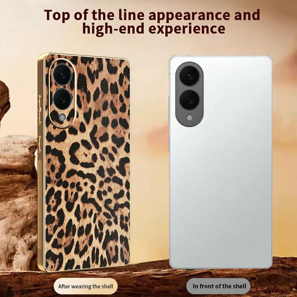 Til Samsung Galaxy S25 Edge cover Leopardprint PU læderbelagt PC + TPU galvanisering telefoncover