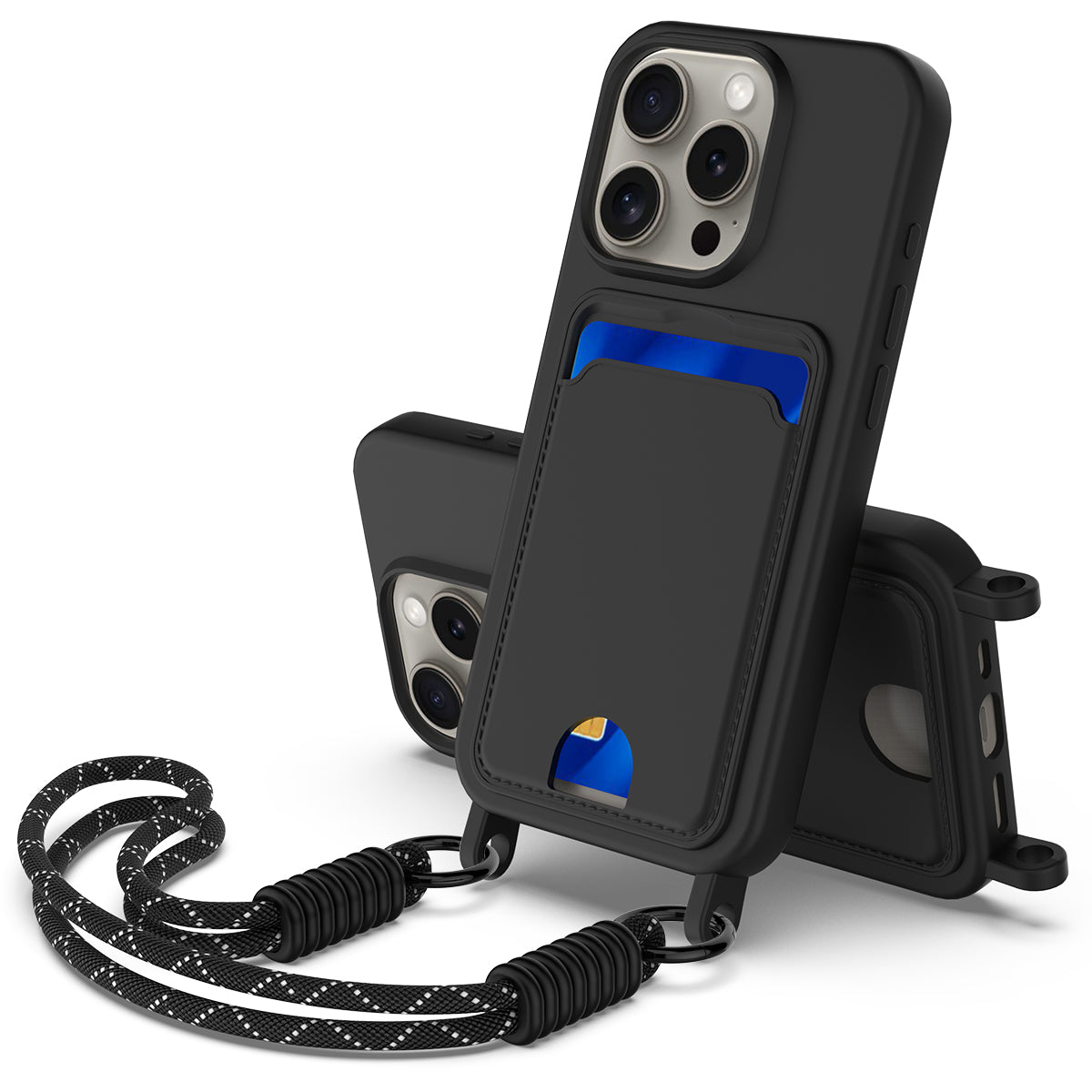 For iPhone 12 6.1 inch / iPhone 12 Pro 6.1 inch Liquid Silicone Case  Phone Back Cover with Card Holder and Short Strap