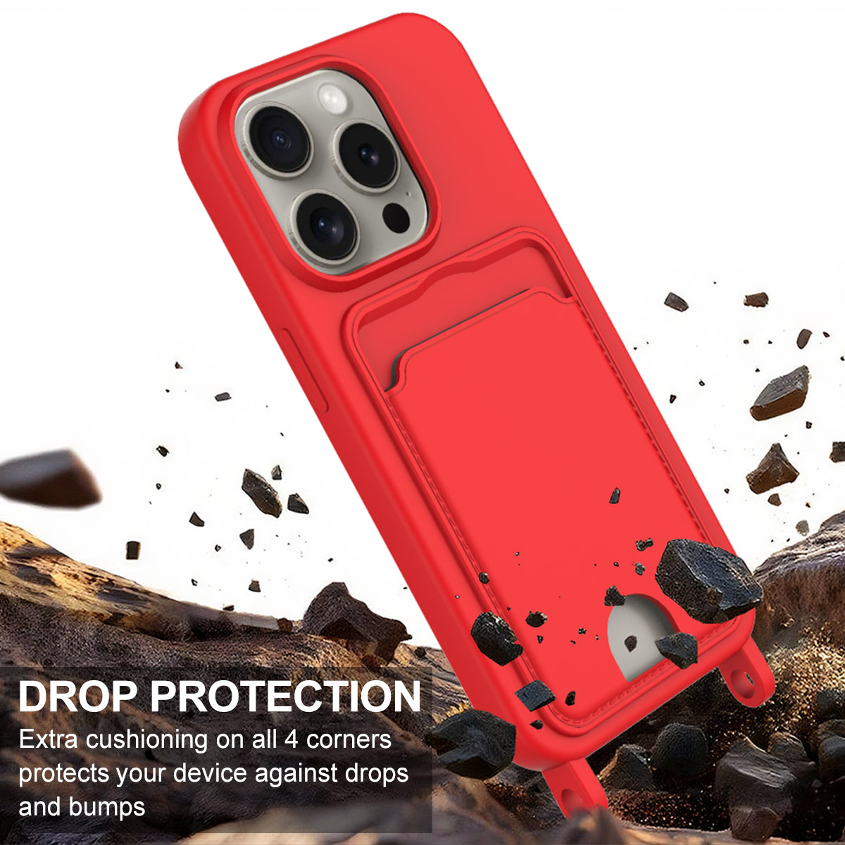 iPhone 16 Pro Silikonskal med Korthållare & Rem - Röd