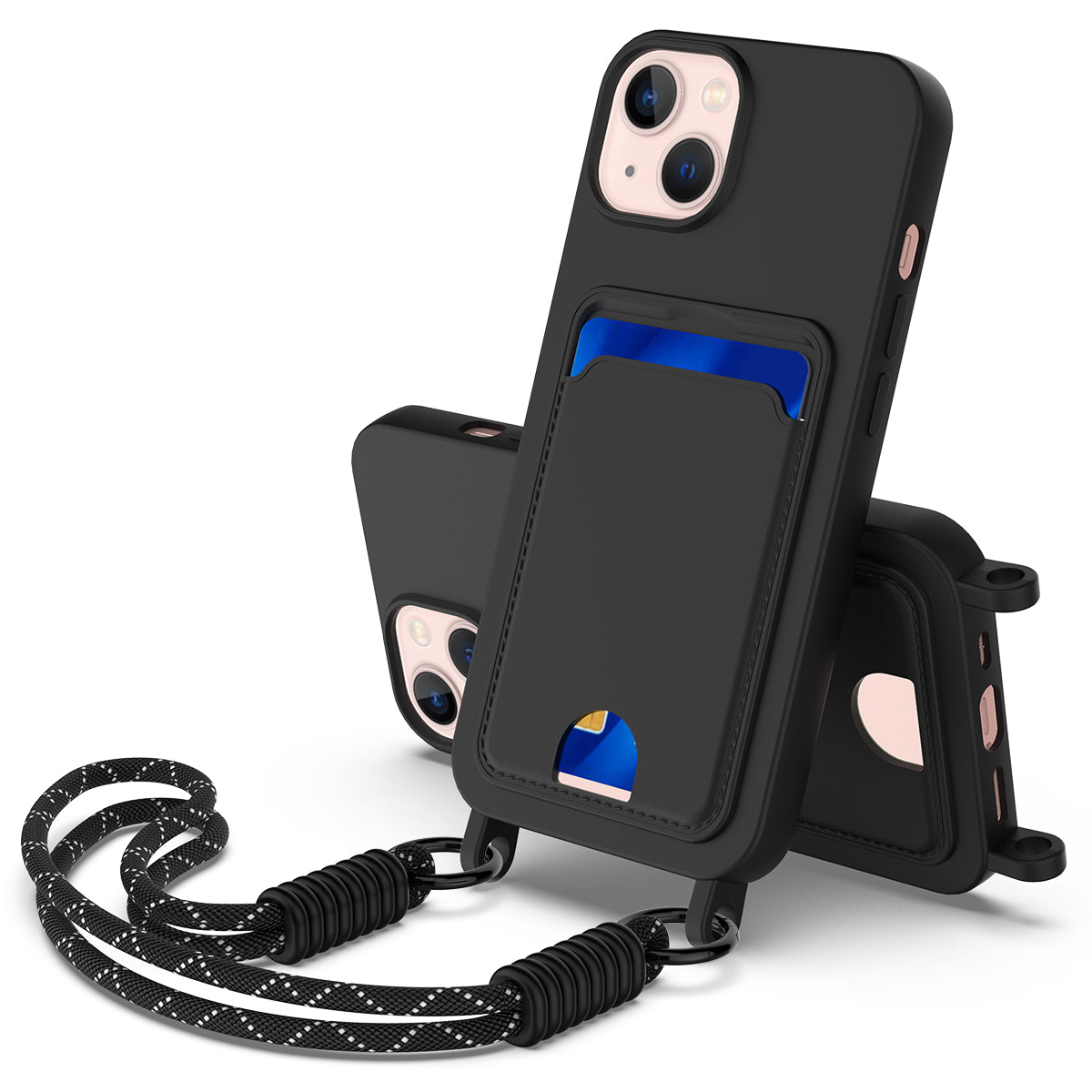 For iPhone 14 Plus / iPhone 15 Plus Liquid Silicone Case Phone Back Cover with Card Holder and Short Strap