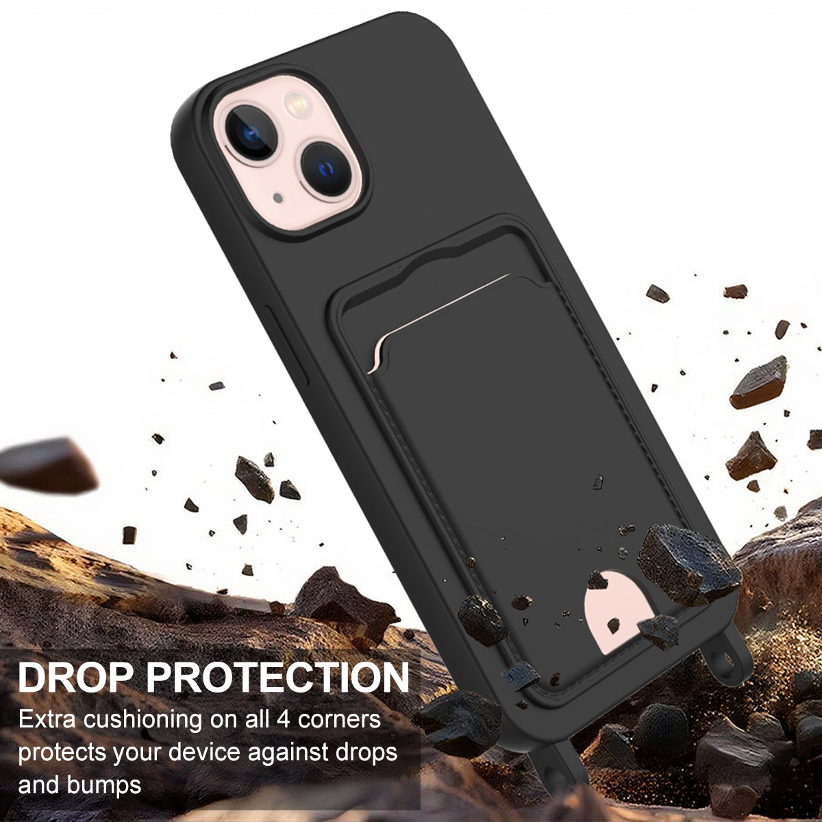 For iPhone 14 Plus / iPhone 15 Plus Liquid Silicone Case Phone Back Cover with Card Holder and Short Strap