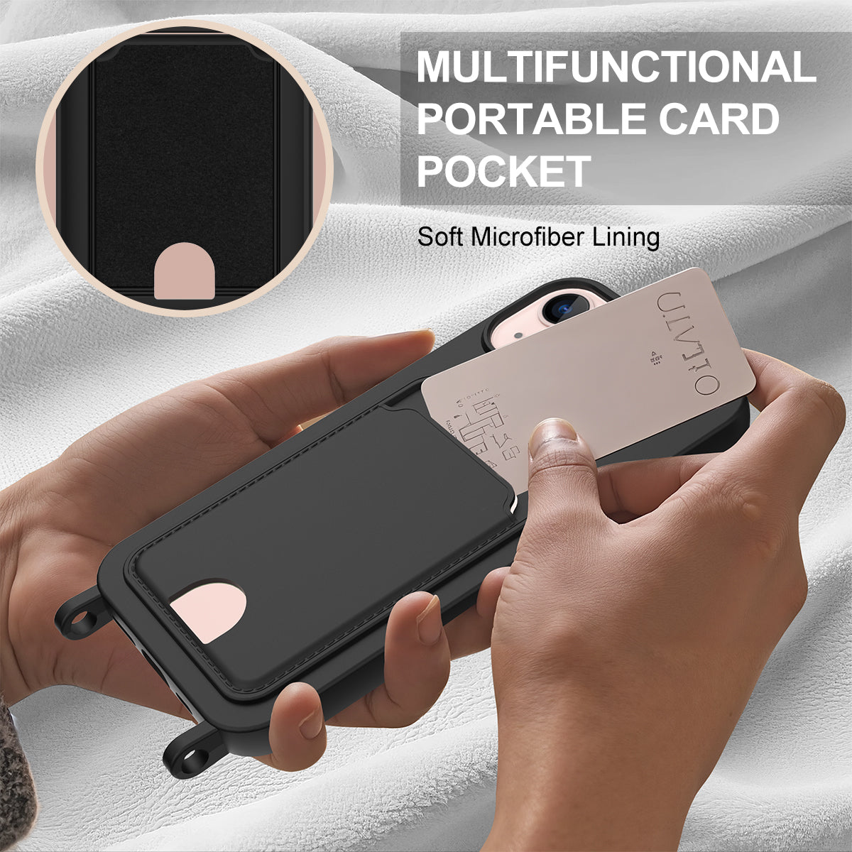 For iPhone 14 Plus / iPhone 15 Plus Liquid Silicone Case Phone Back Cover with Card Holder and Short Strap