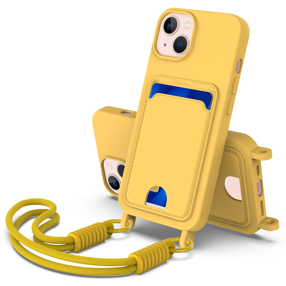 For iPhone 14 Plus / iPhone 15 Plus Liquid Silicone Case Phone Back Cover with Card Holder and Short Strap