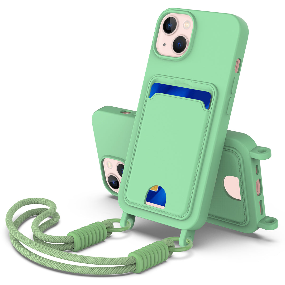 For iPhone 14 Plus / iPhone 15 Plus Liquid Silicone Case Phone Back Cover with Card Holder and Short Strap