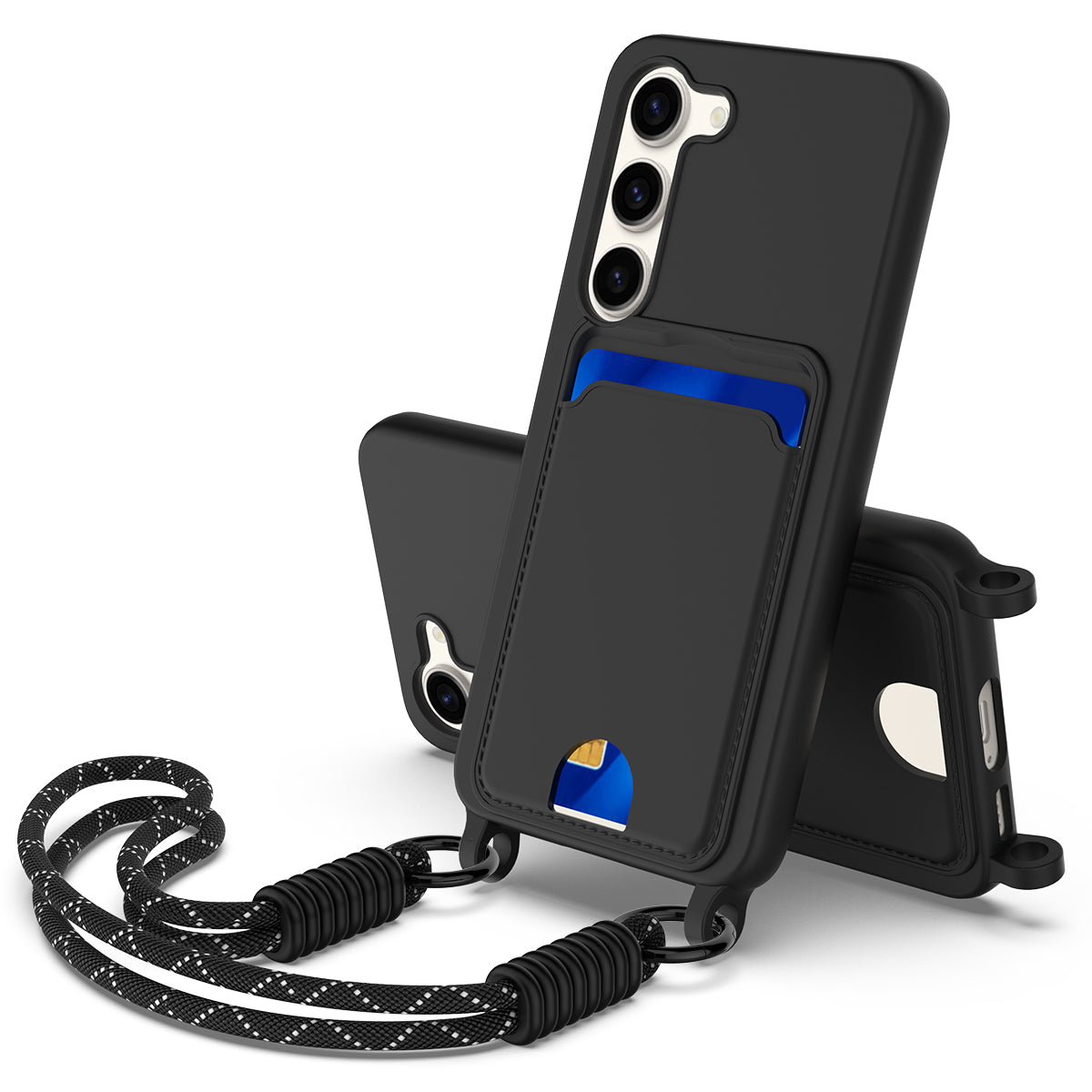 For Samsung Galaxy S23+ Liquid Silicone Case  Phone Back Cover with Card Holder and Short Strap