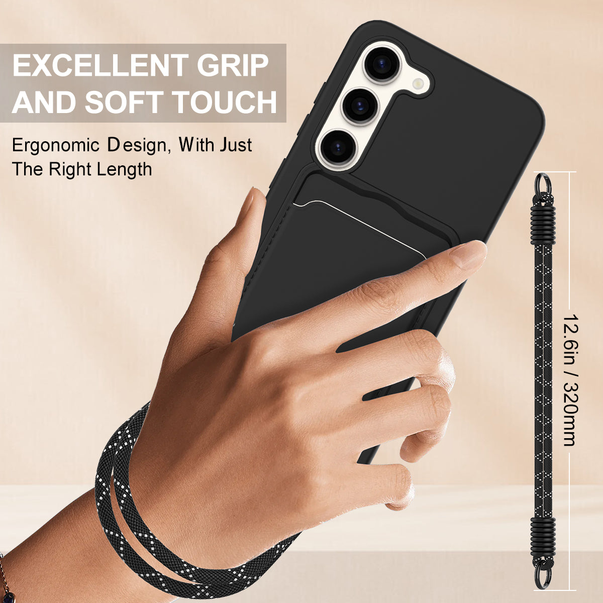 For Samsung Galaxy S23+ Liquid Silicone Case  Phone Back Cover with Card Holder and Short Strap