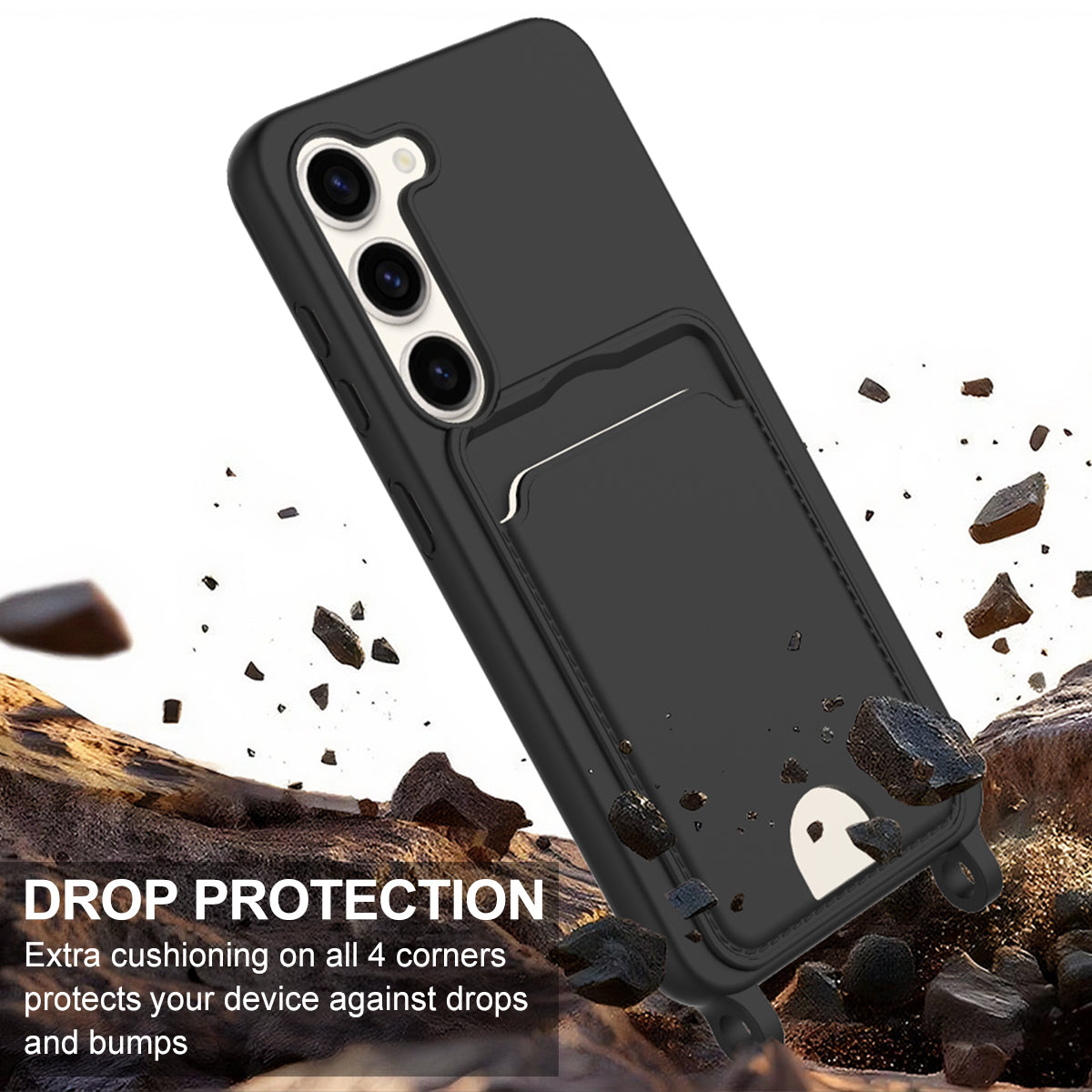 For Samsung Galaxy S23+ Liquid Silicone Case  Phone Back Cover with Card Holder and Short Strap