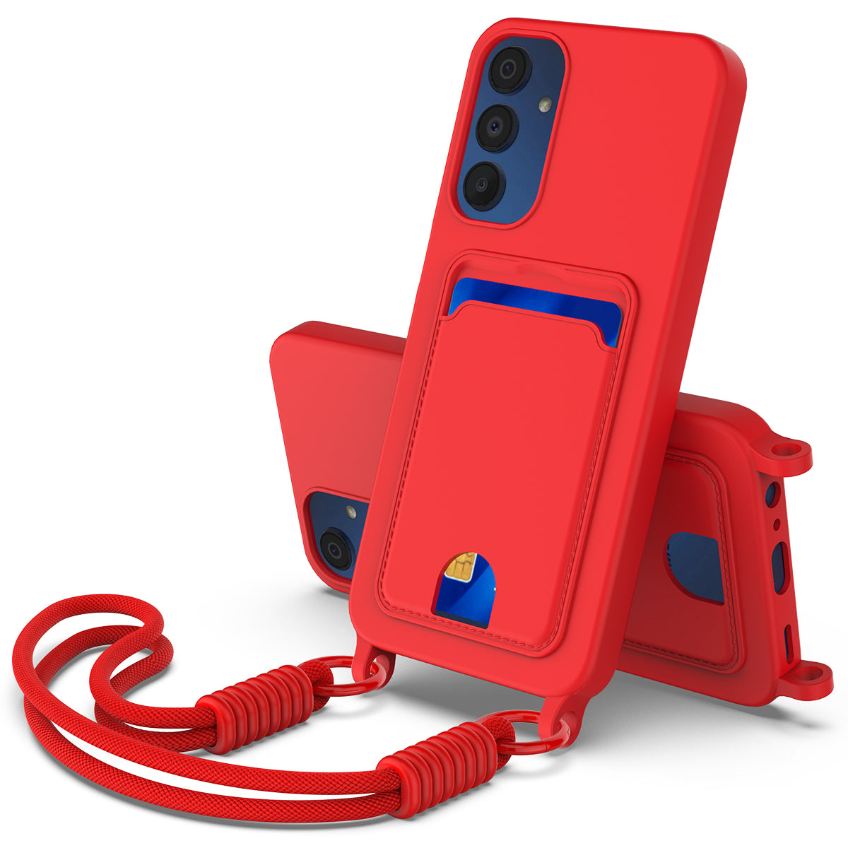 Samsung Galaxy M14 4G / Galaxy A05s 4G flytande silikonskal mobilbaksida med korthållare och kort rem