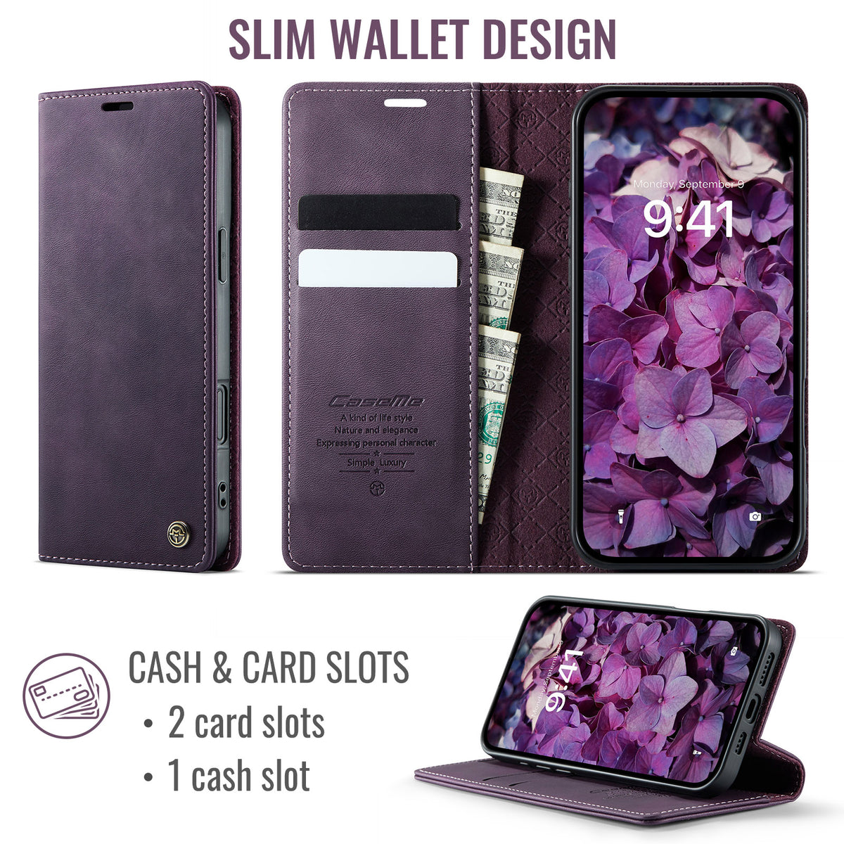 CASEME For iPhone 17 Case  033 Series RFID Blocking Wallet Stand Calf Texture Leather Phone Cover