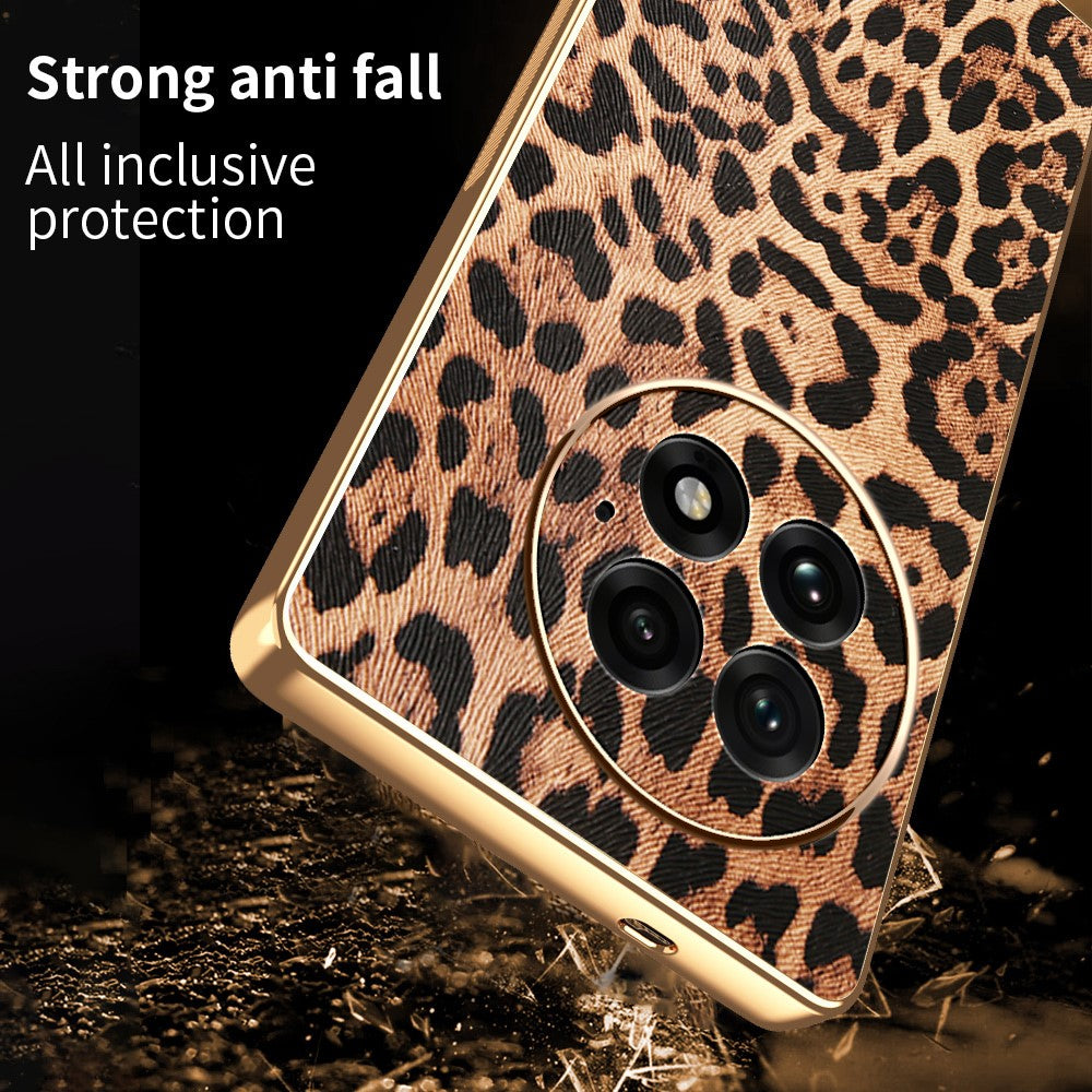For OnePlus 13 Case Leopard Print PU Leather Coated PC + TPU Electroplating Phone Cover