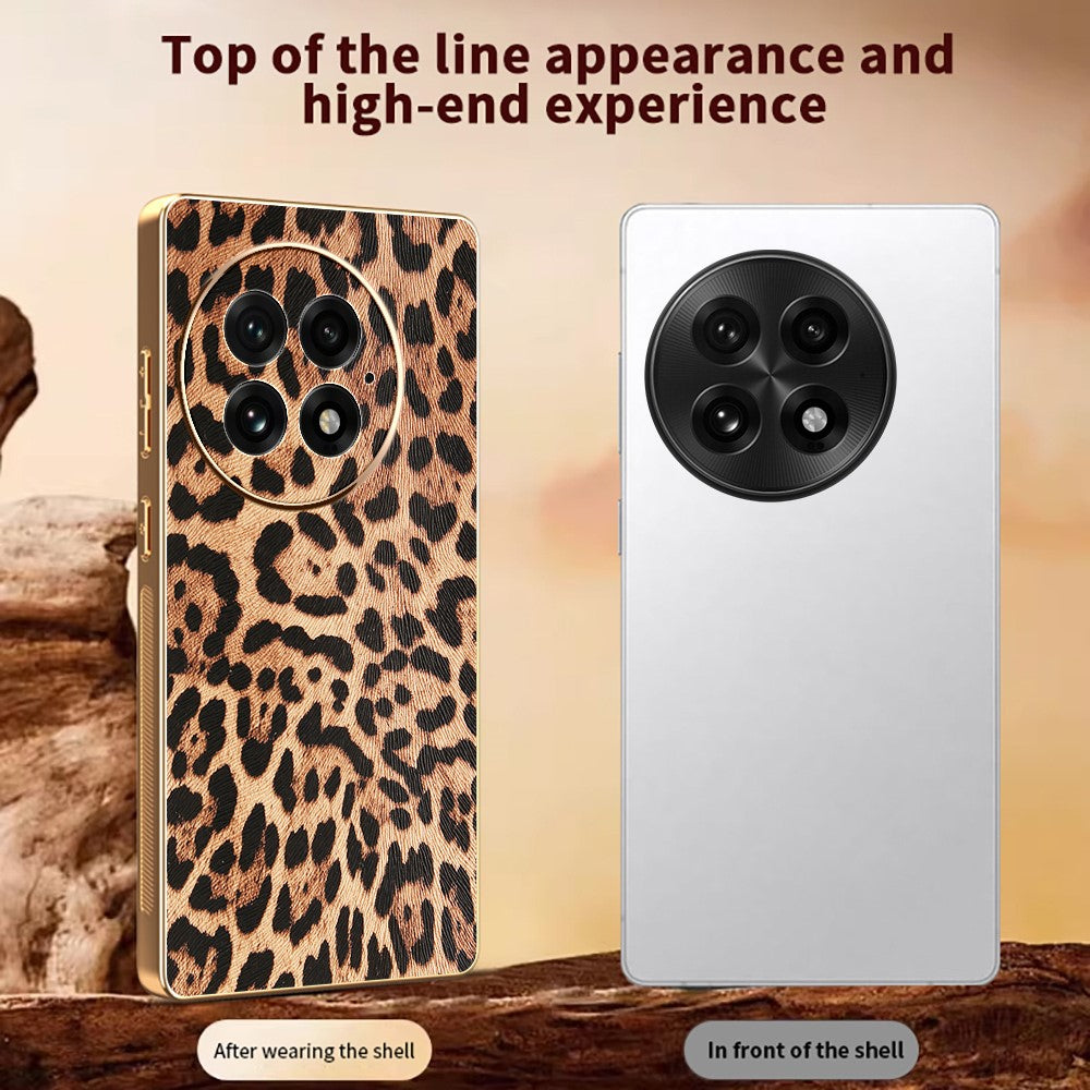 For OnePlus 13 Case Leopard Print PU Leather Coated PC + TPU Electroplating Phone Cover